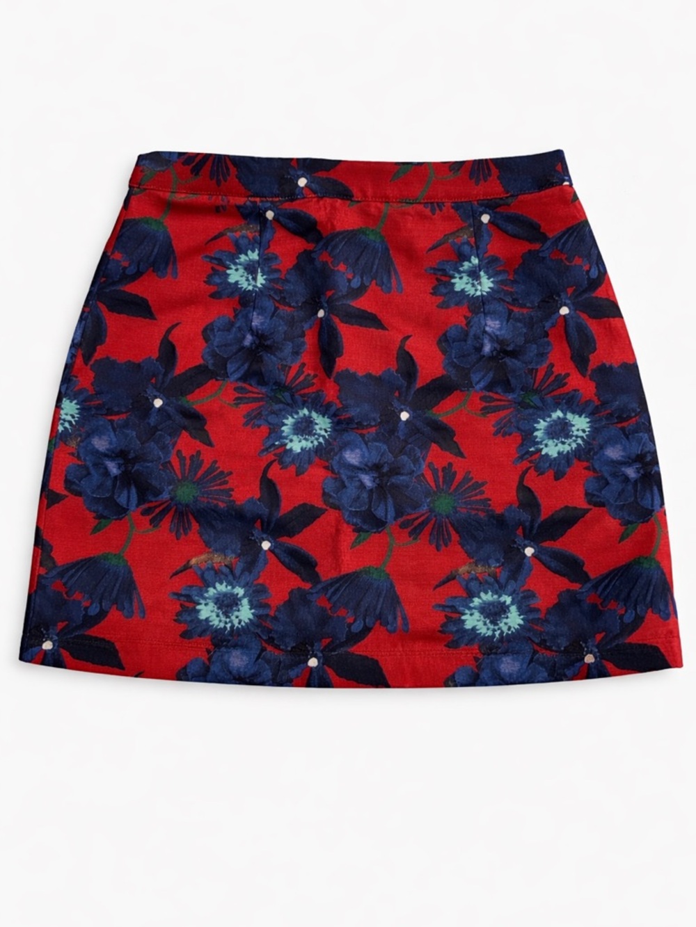 Isla Maude Floral-Print Red Mini Skirt with Navy Bloom